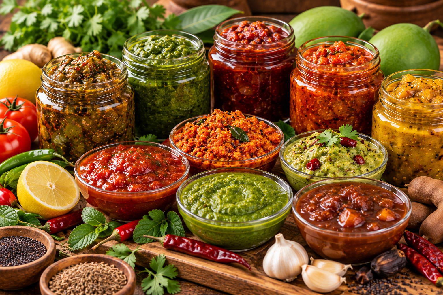 Assorted fresh Indian chutneys including mint, tomato and tamarind chutney