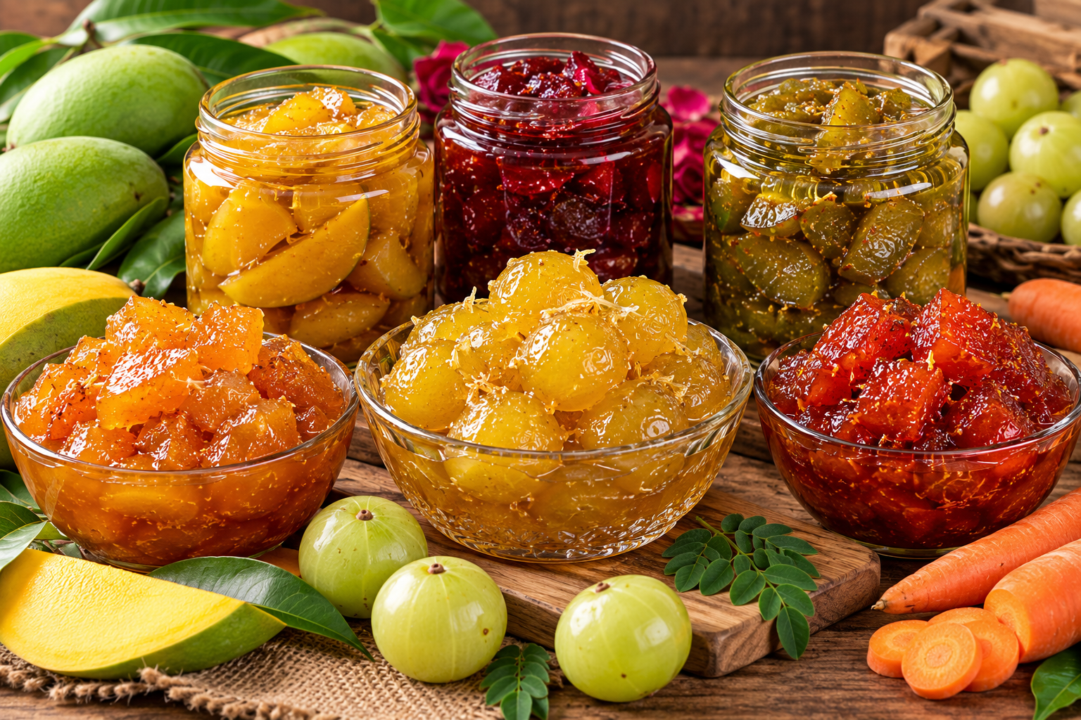 Bowls of sweet Indian murabba made with mango, amla, beetroot and bottle gourd