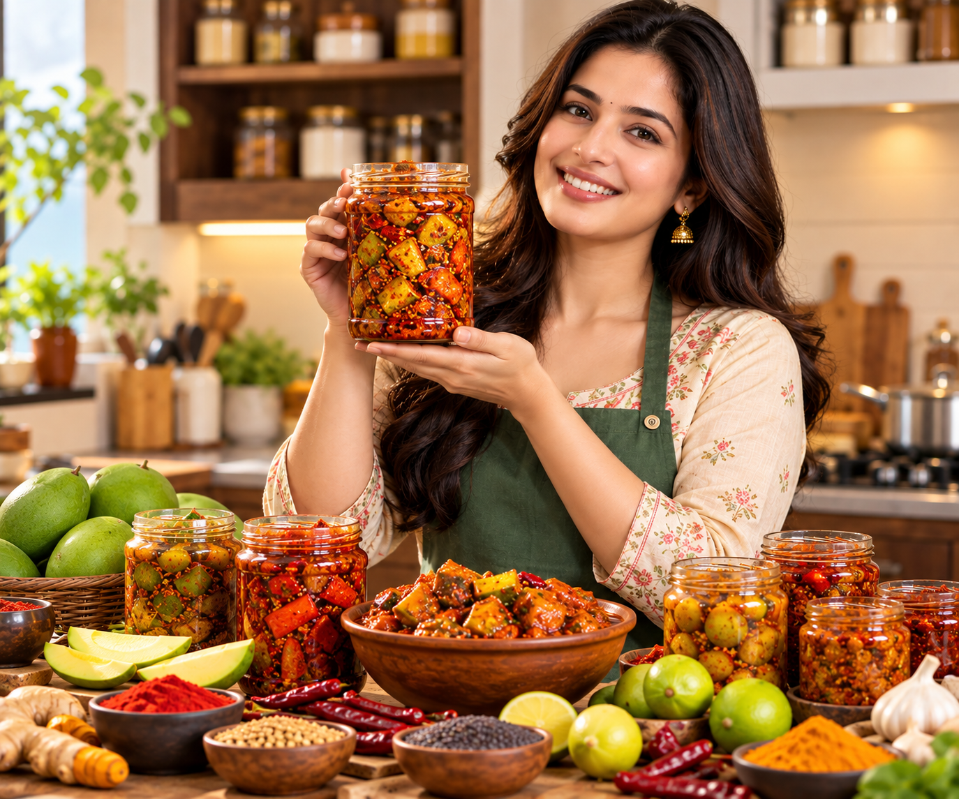 Smiling woman holding a jar of mango pickle, surrounded by fresh ingredients and spices